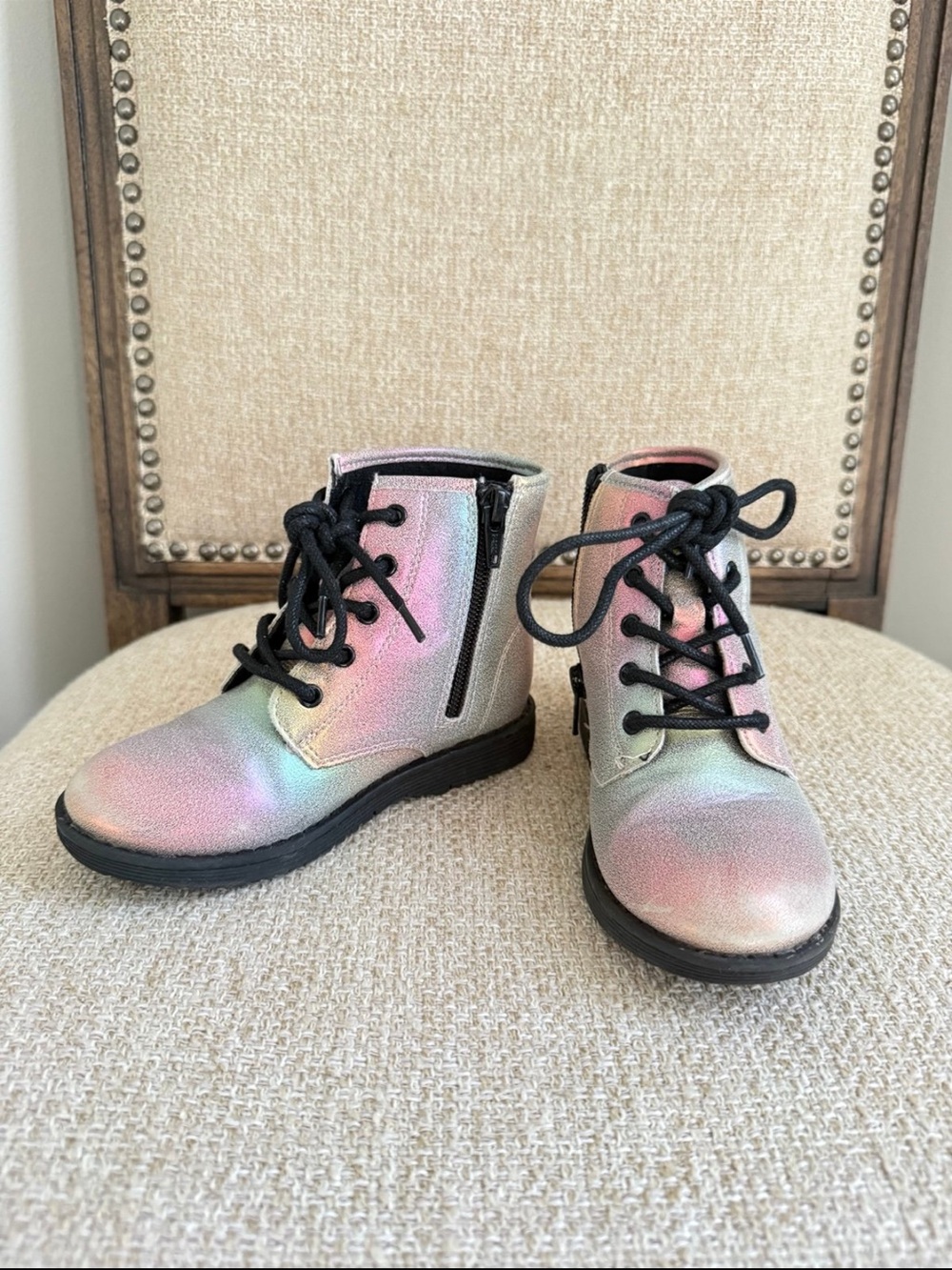 Kids toddler Iridescent rainbow shimmer leather Lace-Up zipper combat Boots sz10